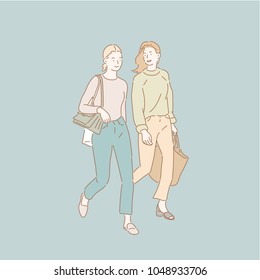 two friends walking. hand drawn style vector doodle design illustrations.