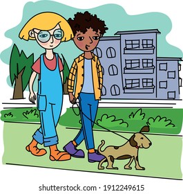 
Two friends walking in the park.
A dog and children walking in the park. Children are talking.