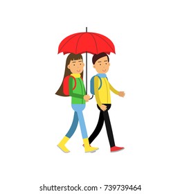 Two friends walking under red umbrella vector illustration
