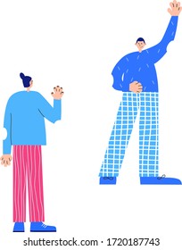 Two friends waving to each other from a distance. Keep distance. We are together in this. Global pandemic 2020 vector concept