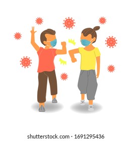 two friends wearing face mask and  do elbow bumbs with virus around them. flat design illustration show greeting without handshake during Coronavirus spreading to decrease virus transmission 