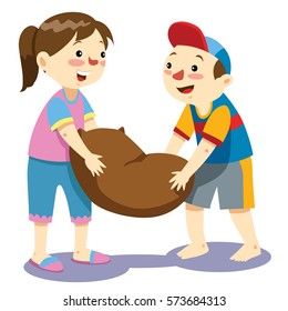 Two friends were helping each other to carry sacks of rice. Vector Children Illustration.
