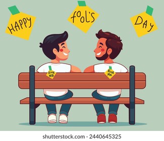 Two friends were joking with each on Fools day. Joke Kick Me Note. Vector Illustration