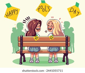 Two friends were joking with each on Fools day. Joke Kick Me Note. Vector Illustration