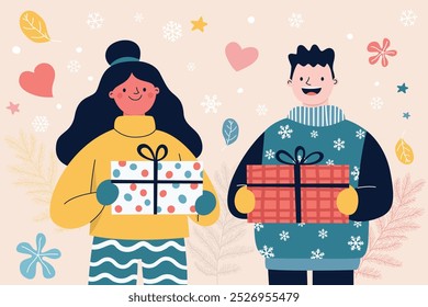 Two friends in winter clothing exchanging gifts amidst a festive background.