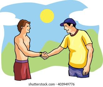 Two friends, young shaking hands happy standing in beach, sunny day.
