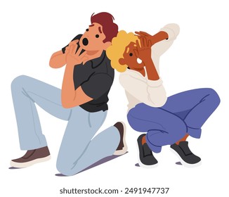 Two Frightened Characters Reacting With Shock And Fear. People Dressed In Casual Clothes And Appear To Be In Surprised And Scared State, Emphasizing Extreme Reactions And Emotions. Vector Illustration