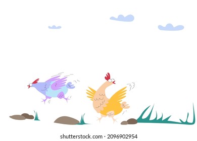 Two frightened chickens are running away from someone in nature. Vector illustration on a white background