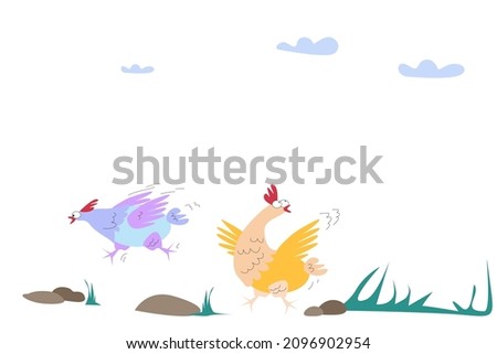 Two frightened chickens are running away from someone in nature. Vector illustration on a white background