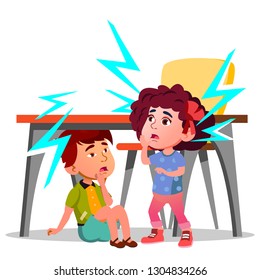 Two Frightened Kids Sitting Under The Table During Earthquake Vector. Isolated Illustration