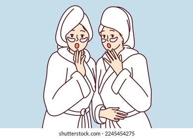 Two frightened women dressed in white shower robes opening mouths. Girl friends with masks on faces and towels on wet hair are shocked after learning news from yellow press. Flat vector image