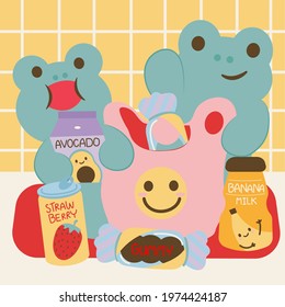 Two frogs eat healthy juices. With avocado juice, banana juice, strawberry juice. Vector illustration flat design
