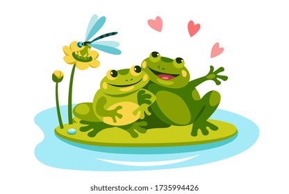 Two frogs in love are sitting on a leaf of a water plant hugging, talking, they have a date.