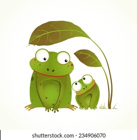 Two Frogs Mother and Baby Childish Animal Cartoon. Hand drawn watercolor style drawing of animals. Vector illustration EPS10.