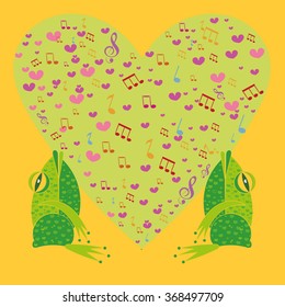 Two frogs on a background of hearts. Template Valentine greeting cards. The musical notes in the shape of a heart. Heart made of musical notes. Doodle Hearts. Valentine's day cards.