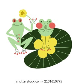 Two Frogs On A Leaf With A Water Lily. Vector Illustration