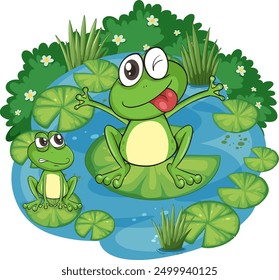Two frogs on lily pads in a pond
