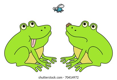 Two frogs, one lucky and second with bad luck hunting the fly. Funny cartoon illustration.