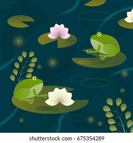 Two frogs in a pond sitting on a lily leaf. Vector illustration