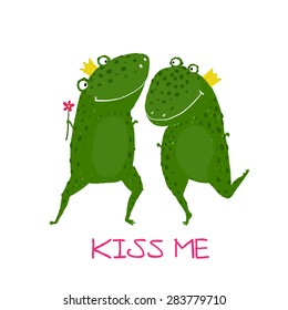 Two Frogs Prince and Princess in Love Kissing. Fairy tale green frogs with crowns presenting flower illustration. 