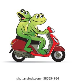 two frogs riding scooter happily in color-vector drawing