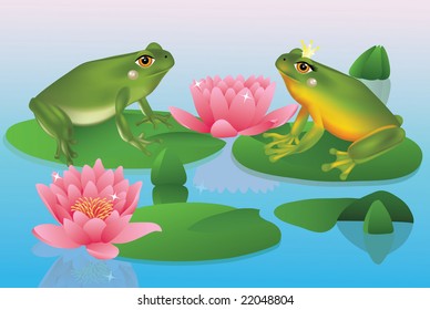 Two frogs sitting on a lake surrounded by water lillys.