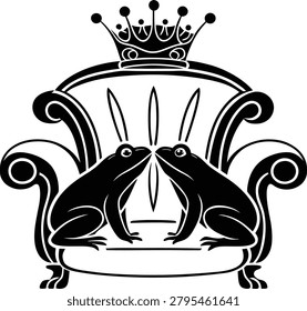Two frogs sitting on a throne chair with a crown on top