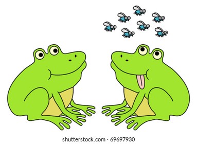 Two frogs waiting for flies. Funny cartoon illustration.