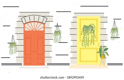 two front doors with plants design, House home entrance decoration building theme Vector illustration