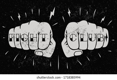 Two front view fists with fight club caption tattoo on fingers. Fighting club concept illustration for poster design or t-shirt design. Vintage styled vector illustration