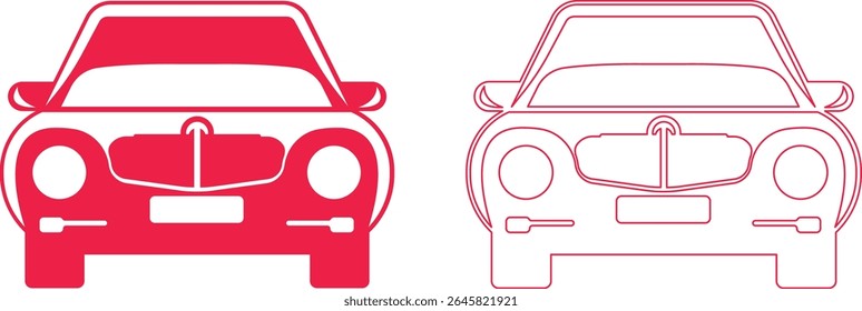Dois ícones dianteiros do carro, um vermelho sólido e o outro um contorno vermelho, apresentado lado a lado em um fundo branco. Design simples e moderno.