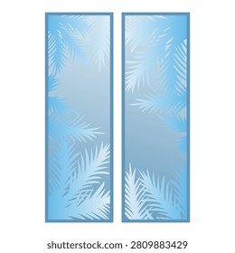 Two frosted window glass panels featuring winter ice crystal fern leaf patterns against a light blue gradient background.