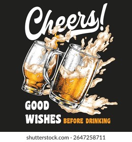 Two frosty beer mugs clink together creating a splash. Bubbles rise from the golden liquid celebrating good wishes before enjoying a drink with friends.
