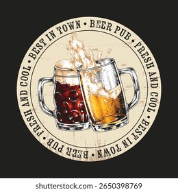 Two frosty beer mugs clink together in celebration at a cozy pub known for its lively atmosphere. Friends gather for laughter and good times with fresh brews.