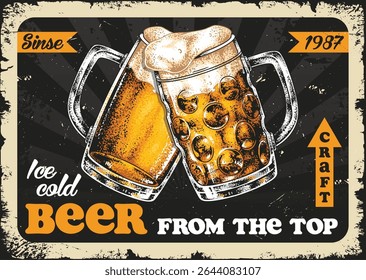 Two frosty mugs of craft beer sit on a rustic table. The rich golden liquid sparkles under warm lights inviting patrons to enjoy a refreshing drink at the bar.