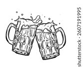 Two frothy beer mugs clinking together in a celebratory toast. Detailed line art illustration with a classic, vintage feel. Vector format.