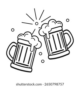 Two frothy beer mugs clinking together celebration toast