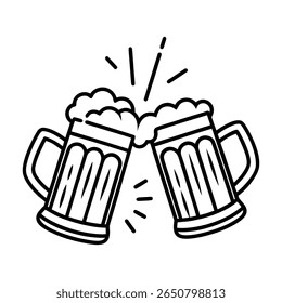 Two frothy beer mugs clinking celebration toast vector