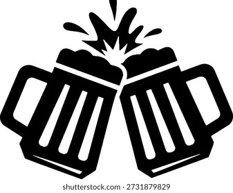 Two frothy beer mugs clinking together in a celebratory toast icon on transparent background