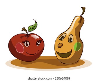 Two Fruits; Apple and Pear Stylized Cartoon with exaggerated Human features, Vector Illustration isolated on White Background. Shadows and outline available and removable on separated Layers. 
