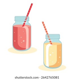 Two fruity smoothies in mason jars with straws – colorful summer drink vector illustration for kids parties, tropical themes, fabric prints, holiday decor, seasonal designs, and food-related projects