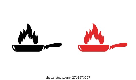 Two frying pans ablaze, presented as bold, contrasting silhouettes emphasizing the fiery scene.