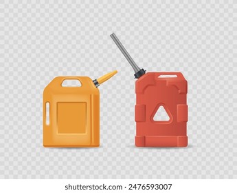 Two Fuel Cans In Orange And Red Colors, With Different Shapes And Pour Spouts. Isolated On A Transparent Background