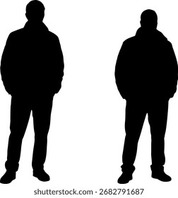 Dos siluetas de cuerpo completo de hombres en chaquetas de invierno de pie juntos Vector