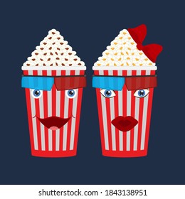 Zwei volle Eimer Popcorn mit weiblichem und männlichem Gesicht und 3D Stereo-Brille. Mann und Frau. Fröhliche und lustige Charaktere mit Gesichtern, Augen und Mund. Einzige Vektorgrafik, Symbole.