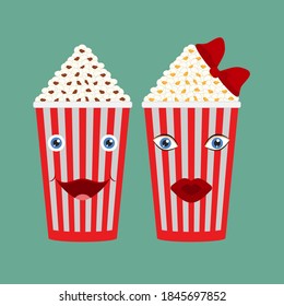 Two full buckets of popcorn with a female and a male face. Man and woman. Cheerful and funny characters with faces, eyes and mouth. Isolated vector illustration, icons.