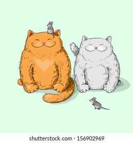 Two full cats do not pay attention to mice.