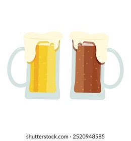 Two full fresh glass of beer mug with foam light and dark icons. Vector lager beers set white isolated background for brewery emblem or beer party design