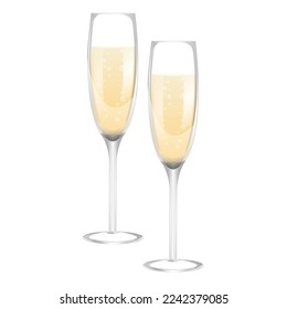 Dos vasos completos con champán burbujeante aislados en un fondo blanco. Feliz Navidad y Feliz Año Nuevo. Pareja de gafas brillantes doradas de elemento de diseño de champán. Ilustración del vector