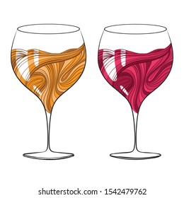 two full glasses of white and red wine. stylized illustration